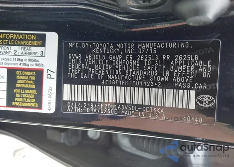 2015 Toyota Camry Se из США, поврежденный, VIN 4T1BF1FK1FU112342